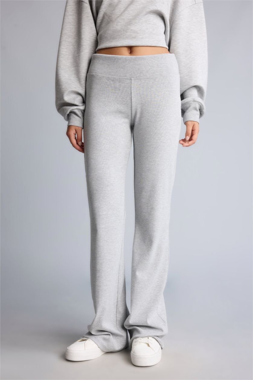 Kadın Gri Melanj Flare Fit Ribana Pantolon