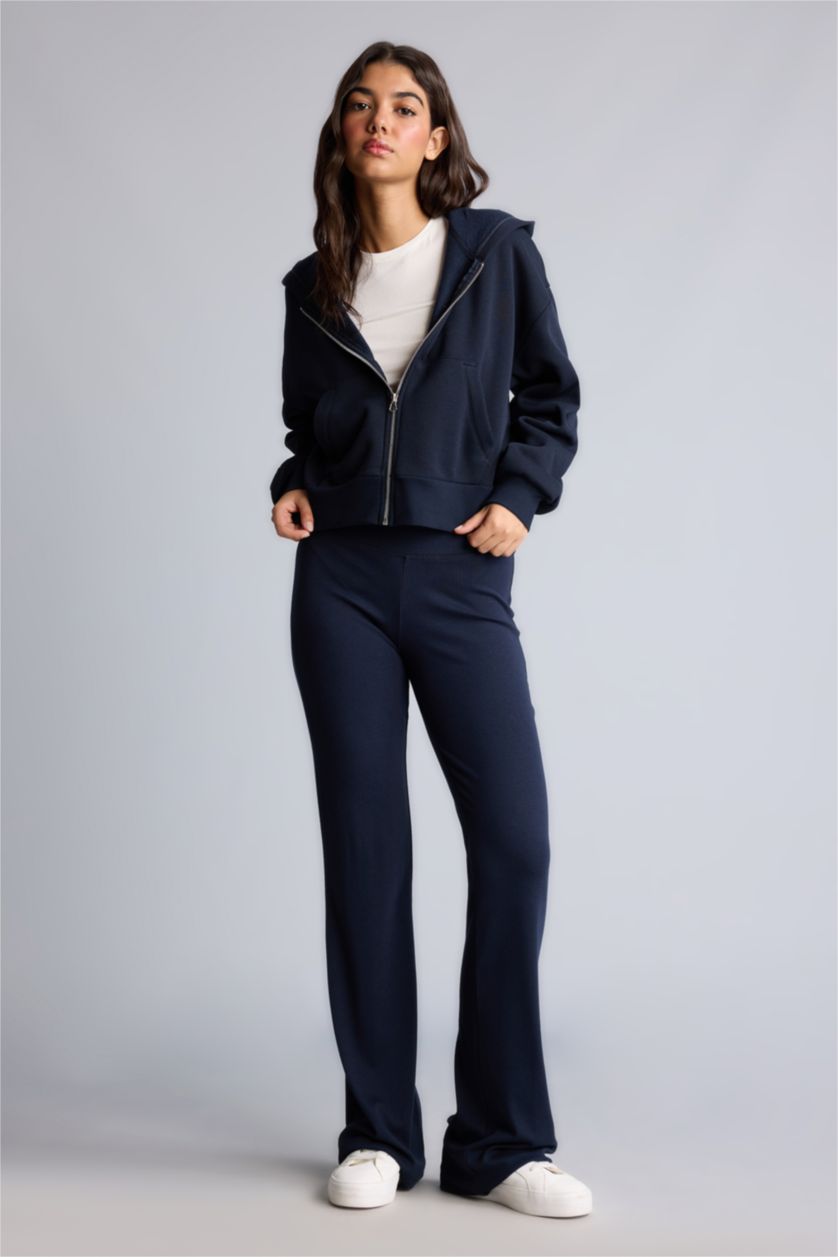 Kadın Lacivert Flare Fit Ribana Pantolon