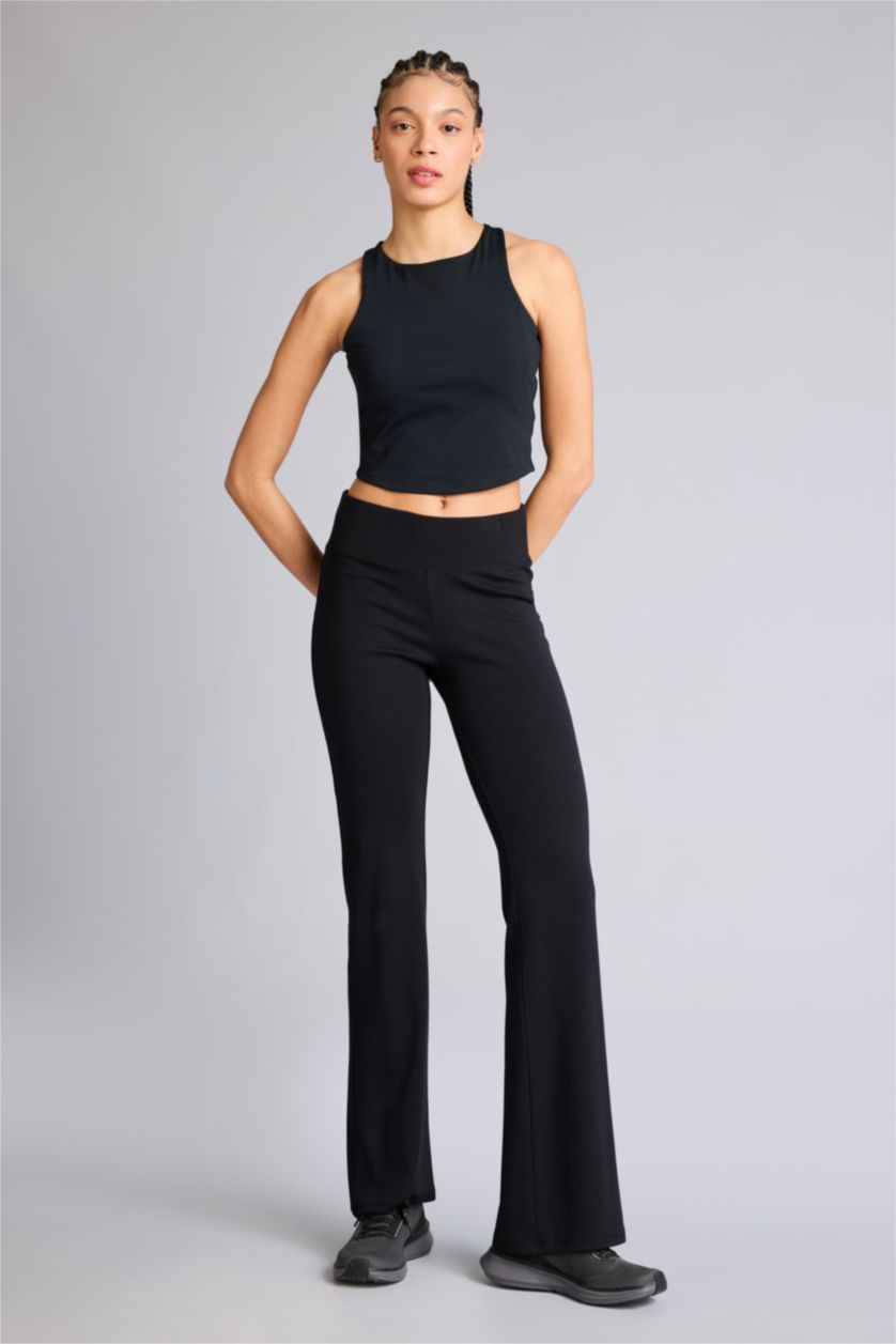 Kadın Siyah Flare Fit Beli Lastikli İspanyol Paça Ribana Pantolon