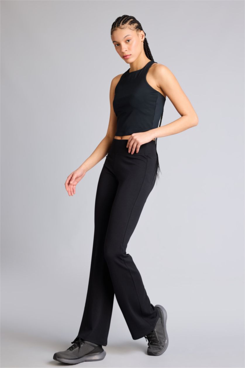 Kadın Siyah Flare Fit Beli Lastikli İspanyol Paça Ribana Pantolon