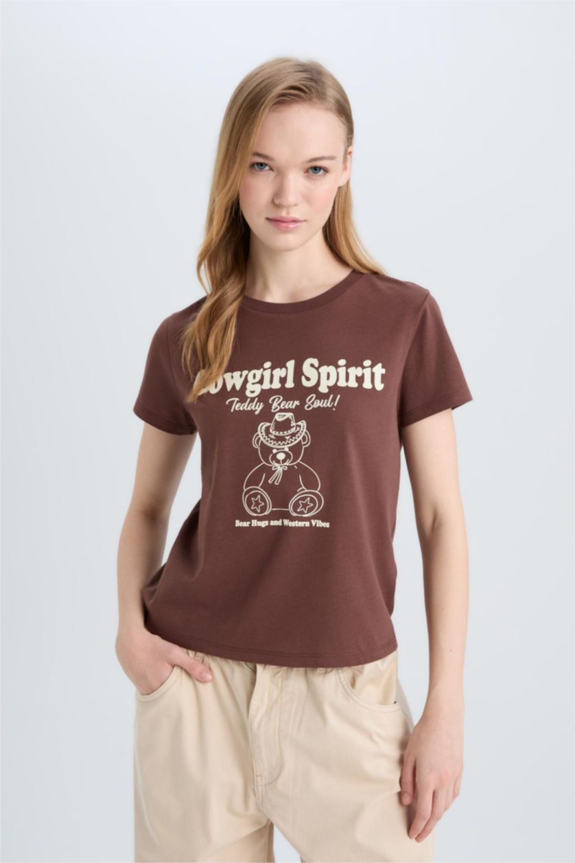 FEMME Marron T-shirt imprimé à col rond et coupe régulière