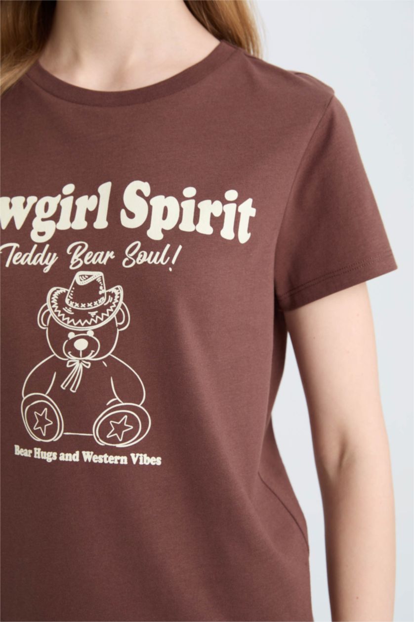 FEMME Marron T-shirt imprimé à col rond et coupe régulière