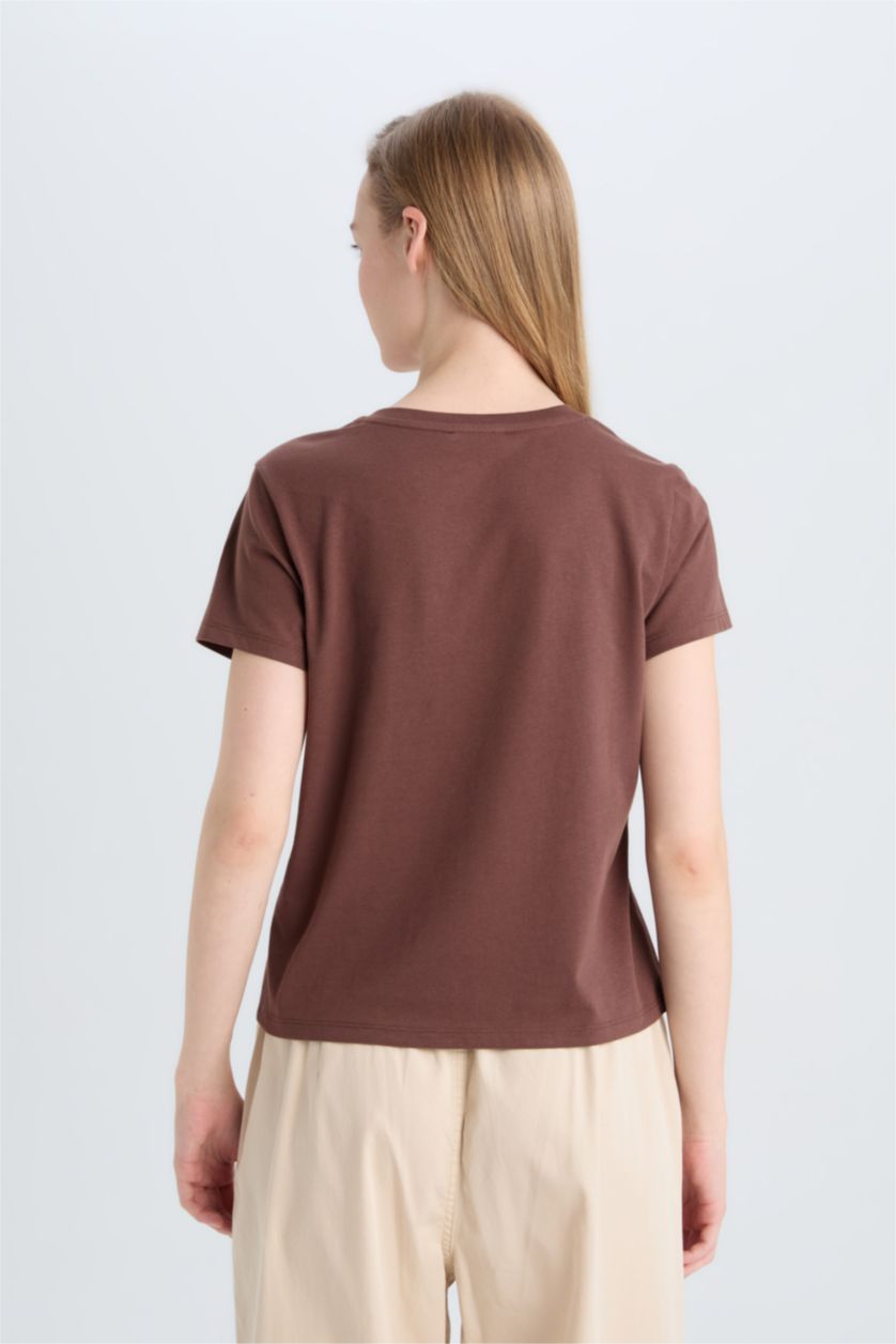 FEMME Marron T-shirt imprimé à col rond et coupe régulière