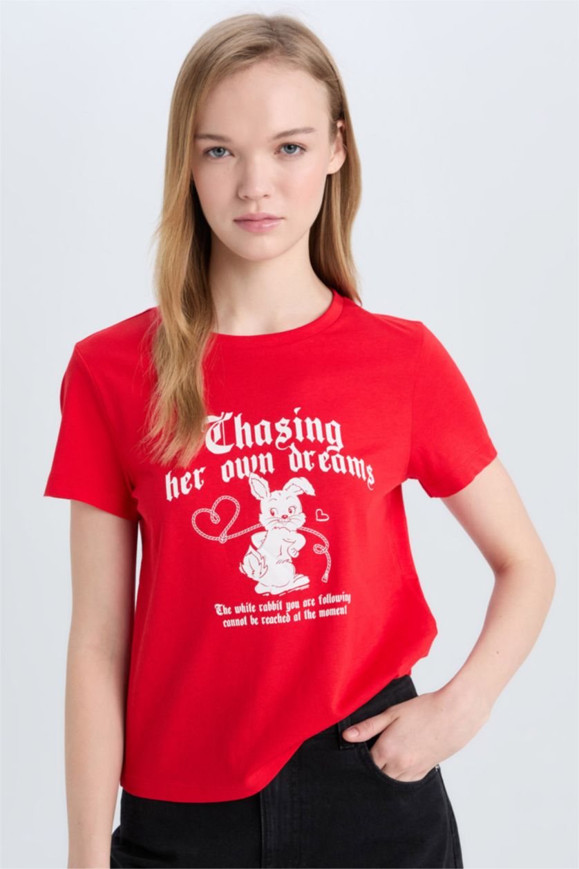 Kadın Kırmızı Regular Fit Bisiklet Yaka Baskılı Kısa Kollu Tişört