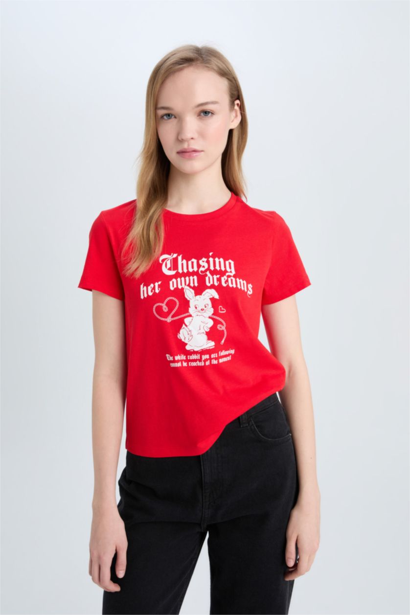 Kadın Kırmızı Regular Fit Bisiklet Yaka Baskılı Kısa Kollu Tişört