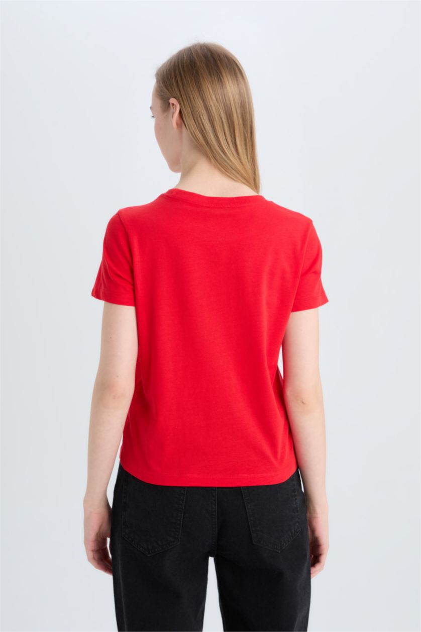 Kadın Kırmızı Regular Fit Bisiklet Yaka Baskılı Kısa Kollu Tişört