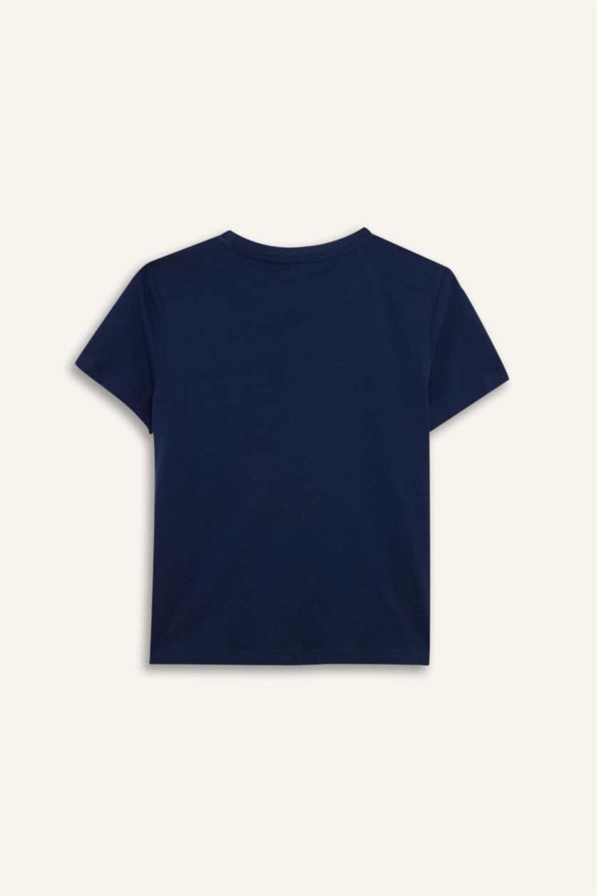 نساء كحلي تيشيرت نص كم مطبوع بقصة عادية