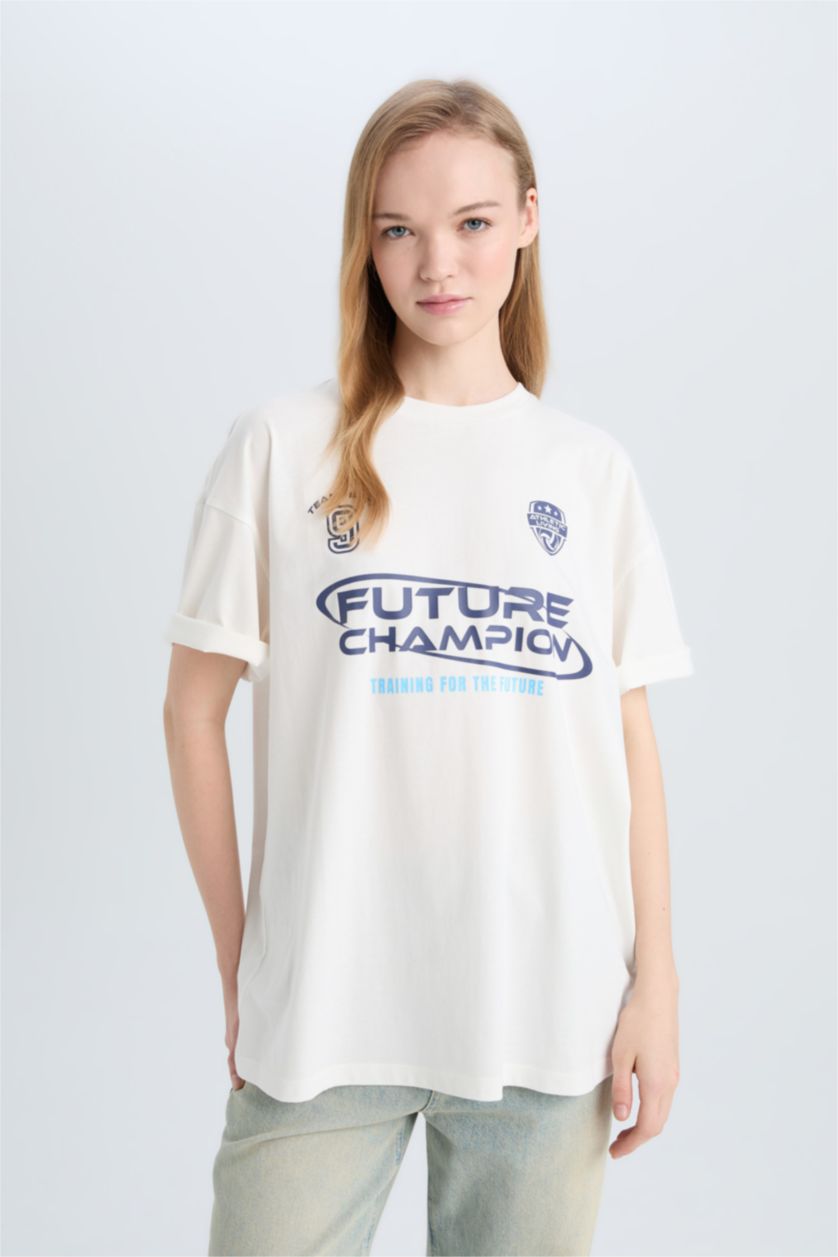 WOMAN White Oversize Fit Printed Short Sleeve T-Shirt