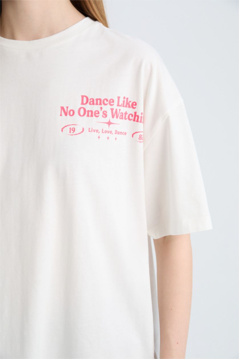 WOMAN White Oversize Crew Neck Back Printed Short Sleeve T-Shirt