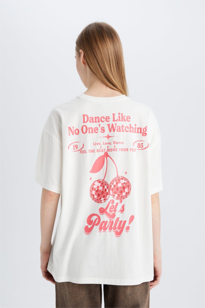 WOMAN White Oversize Crew Neck Back Printed Short Sleeve T-Shirt