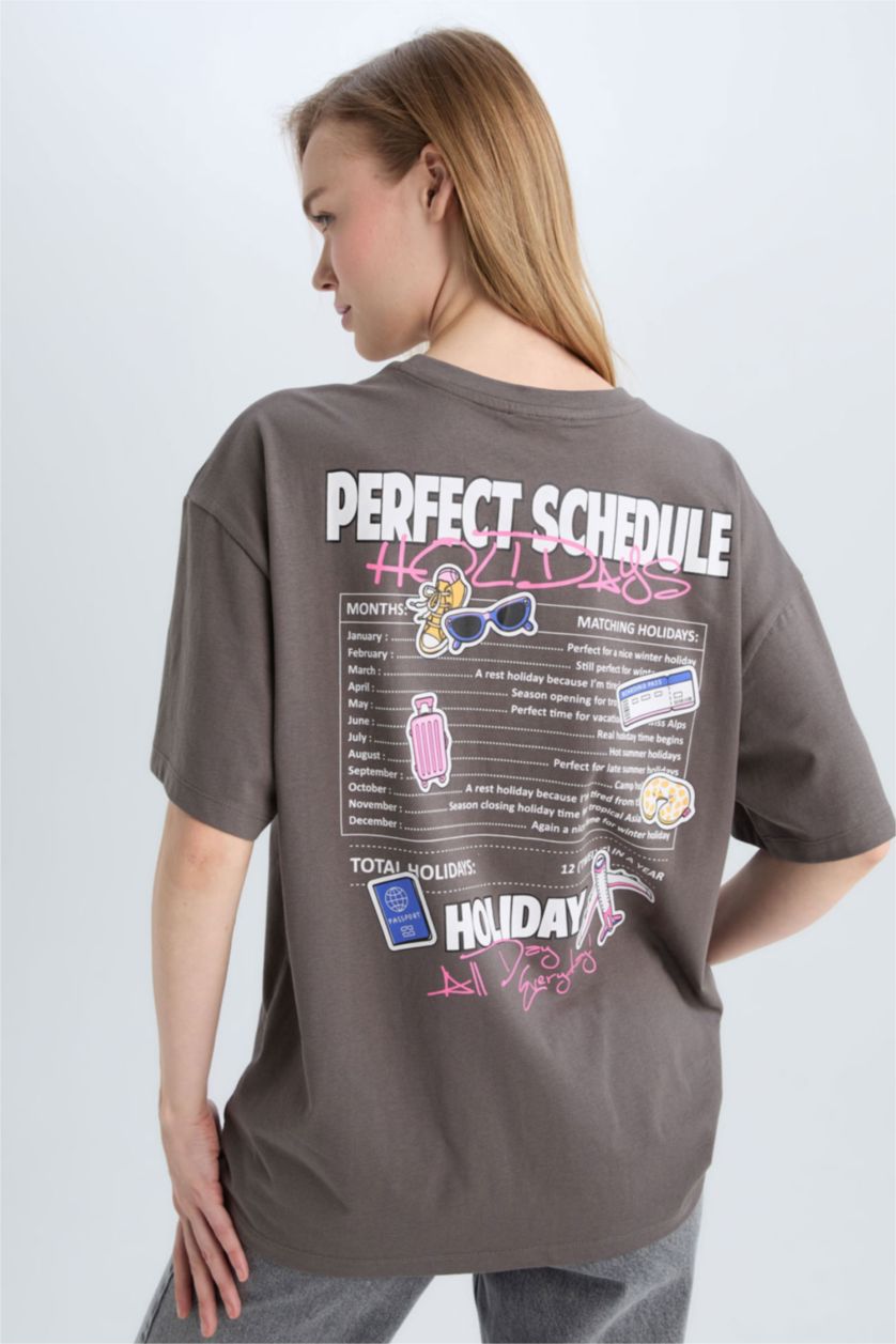 WOMAN Grey Oversize Crew Neck Back Printed T-Shirt