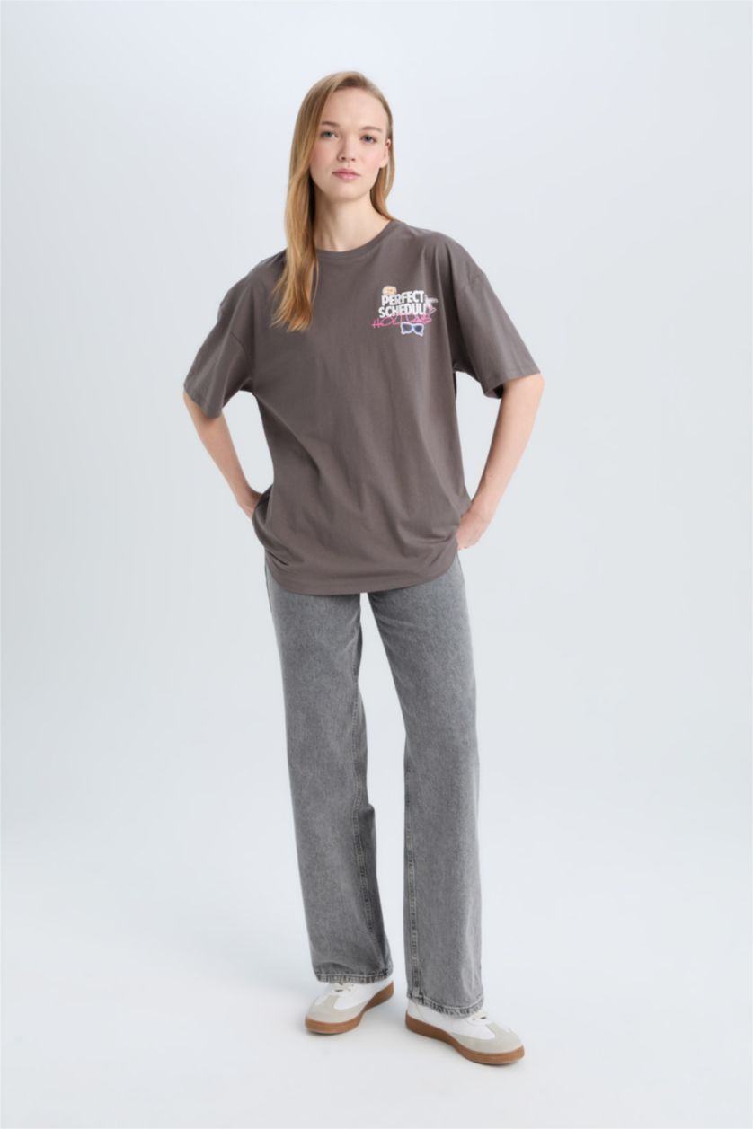 WOMAN Grey Oversize Crew Neck Back Printed T-Shirt