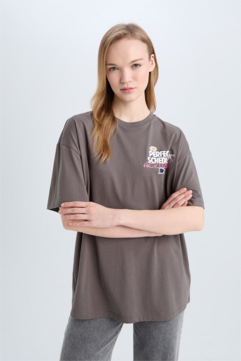 WOMAN Grey Oversize Crew Neck Back Printed T-Shirt