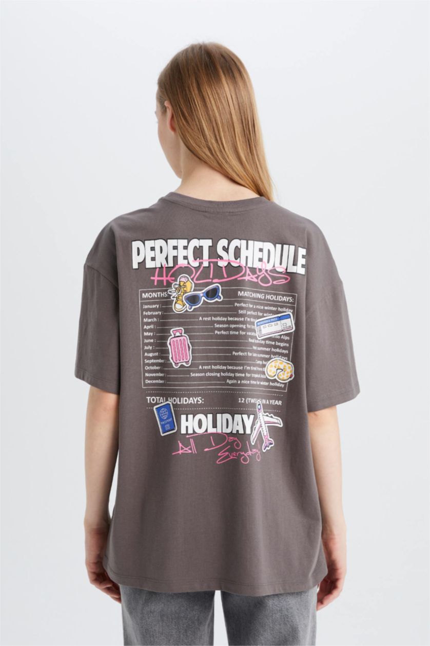 WOMAN Grey Oversize Crew Neck Back Printed T-Shirt