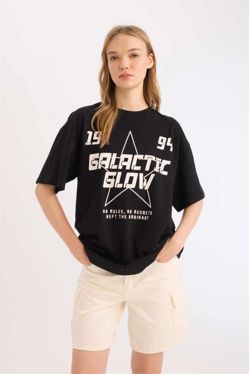 FEMME Noir T-shirt oversize à col rond avec imprimé