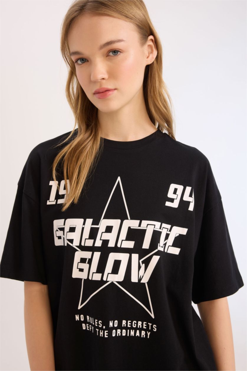 FEMME Noir T-shirt oversize à col rond avec imprimé