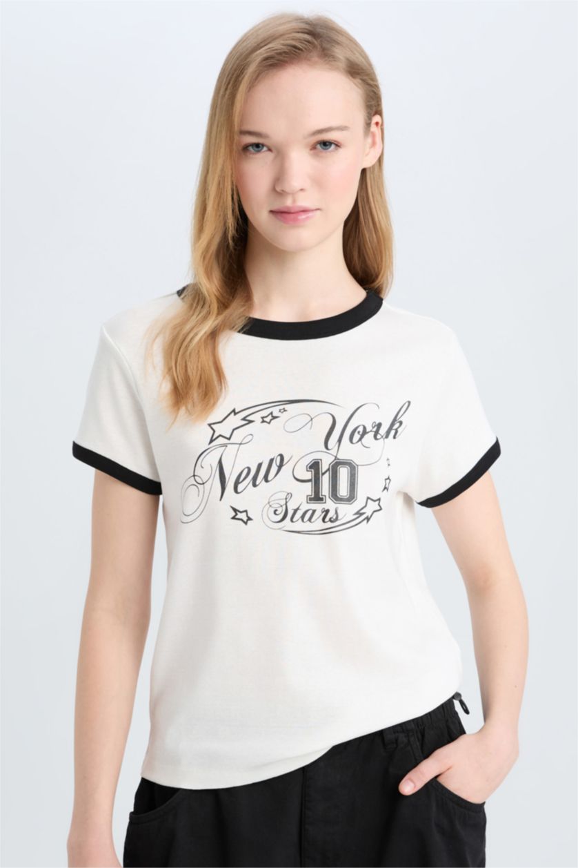 Woman White Regular Fit Ribana Short Sleeve T-Shirt