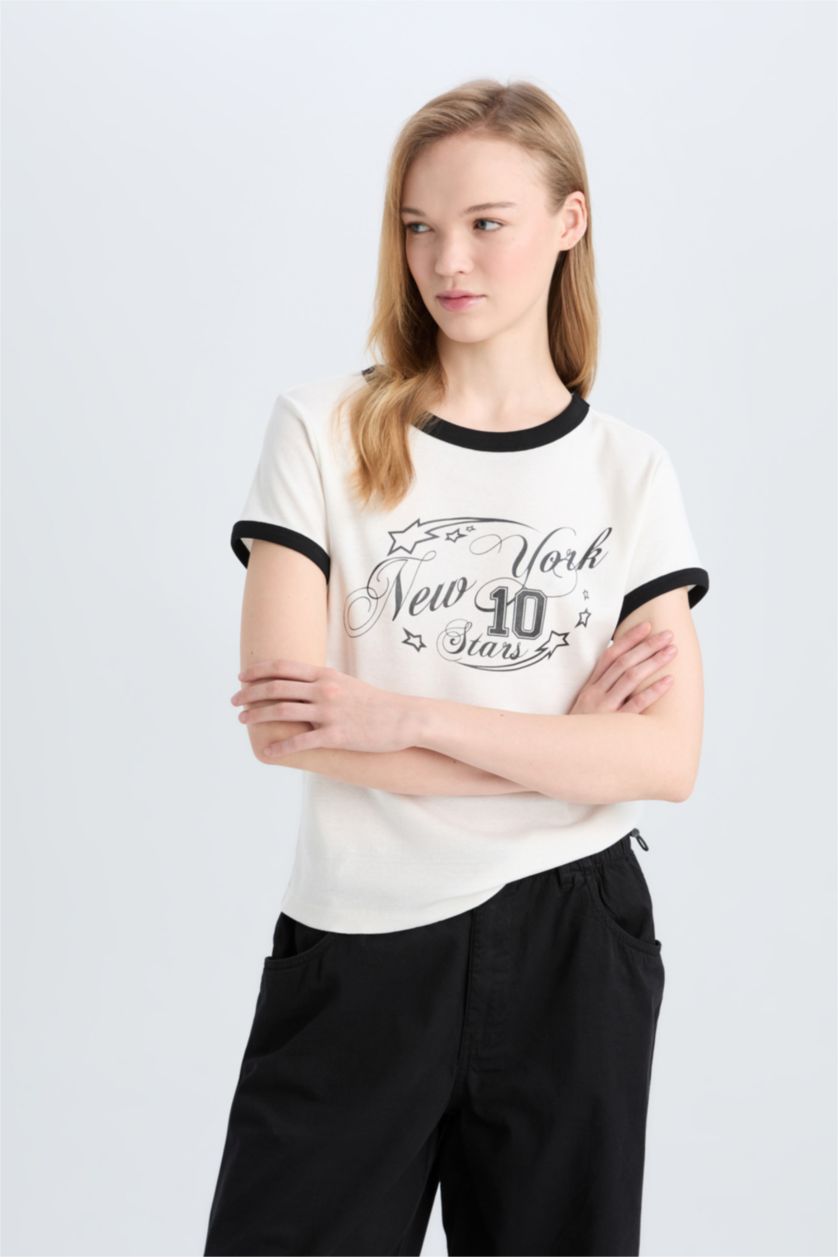 Woman White Regular Fit Ribana Short Sleeve T-Shirt