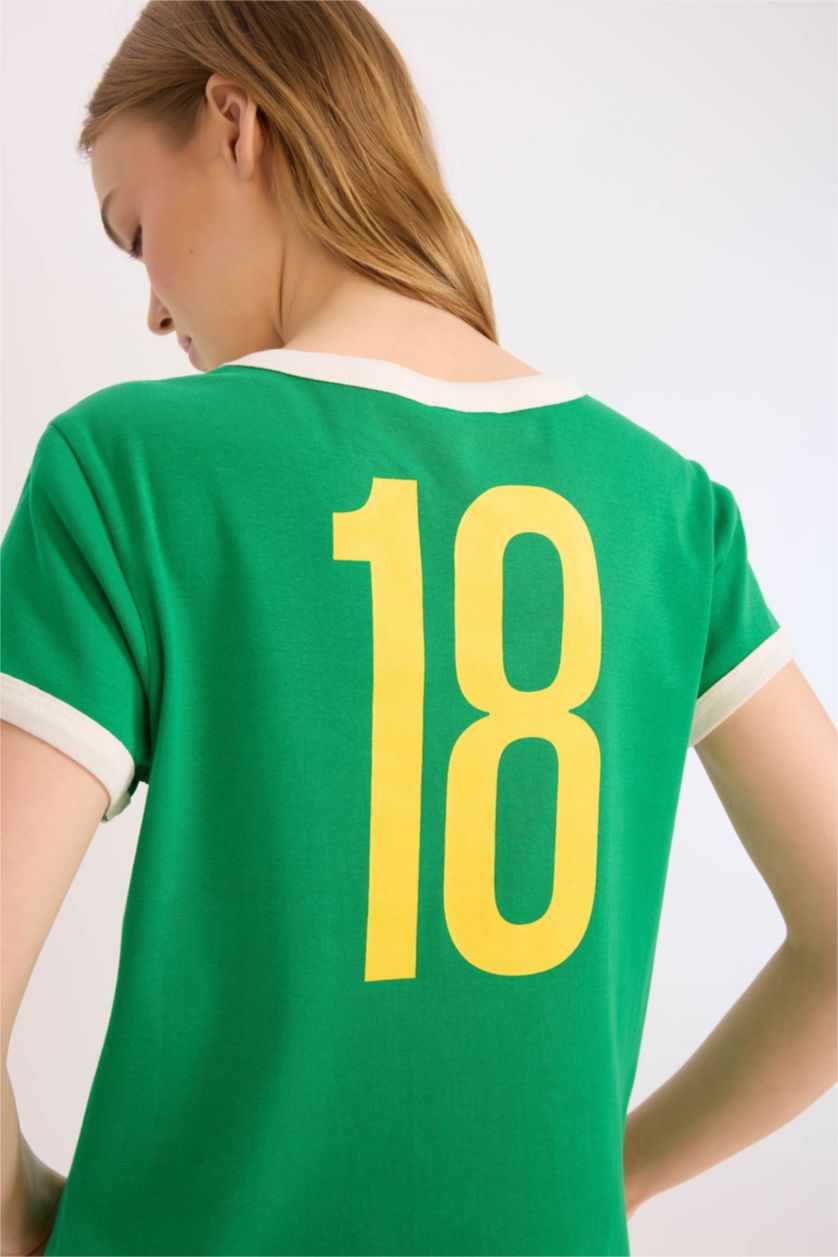 WOMAN Green Regular Fit Slogan Ribana Short Sleeve T-Shirt