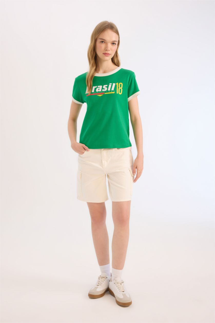 WOMAN Green Regular Fit Slogan Ribana Short Sleeve T-Shirt