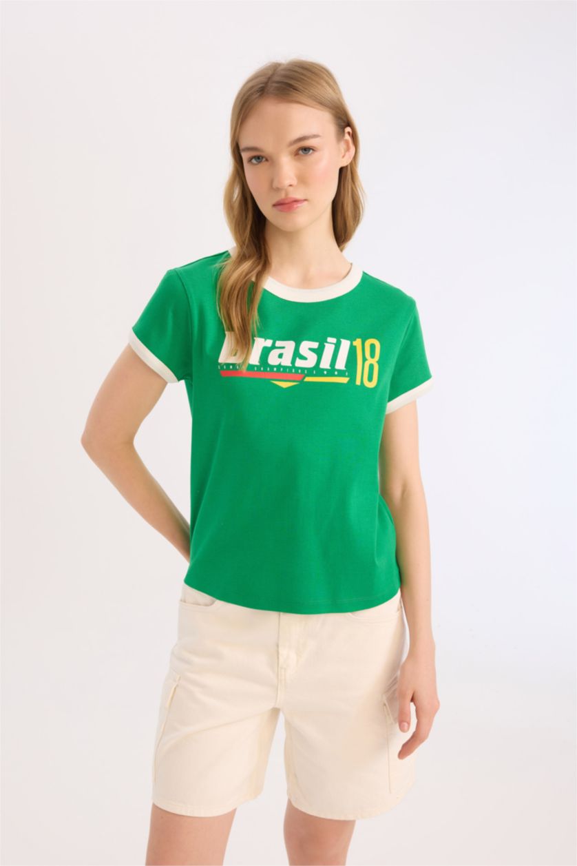 WOMAN Green Regular Fit Slogan Ribana Short Sleeve T-Shirt