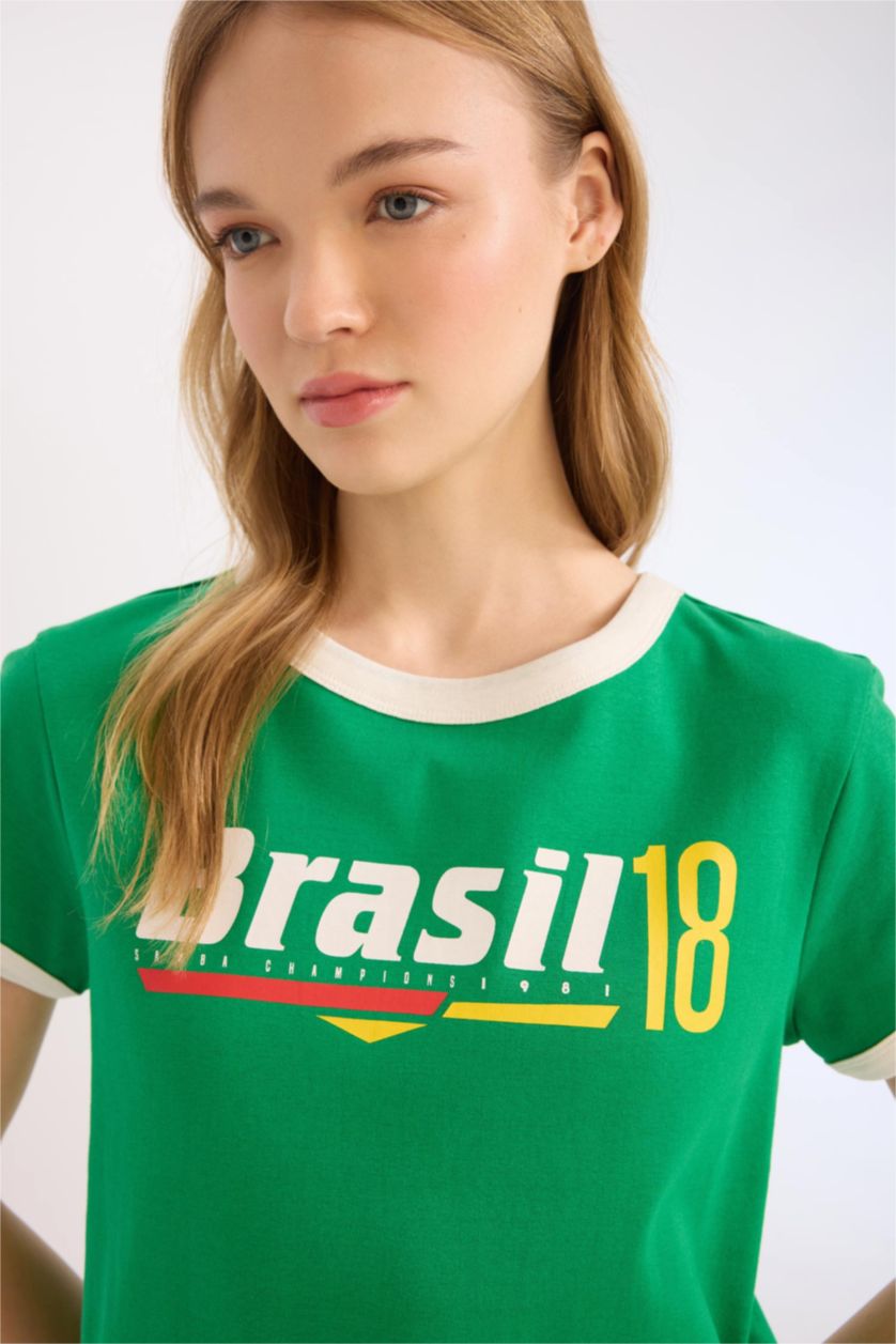 WOMAN Green Regular Fit Slogan Ribana Short Sleeve T-Shirt