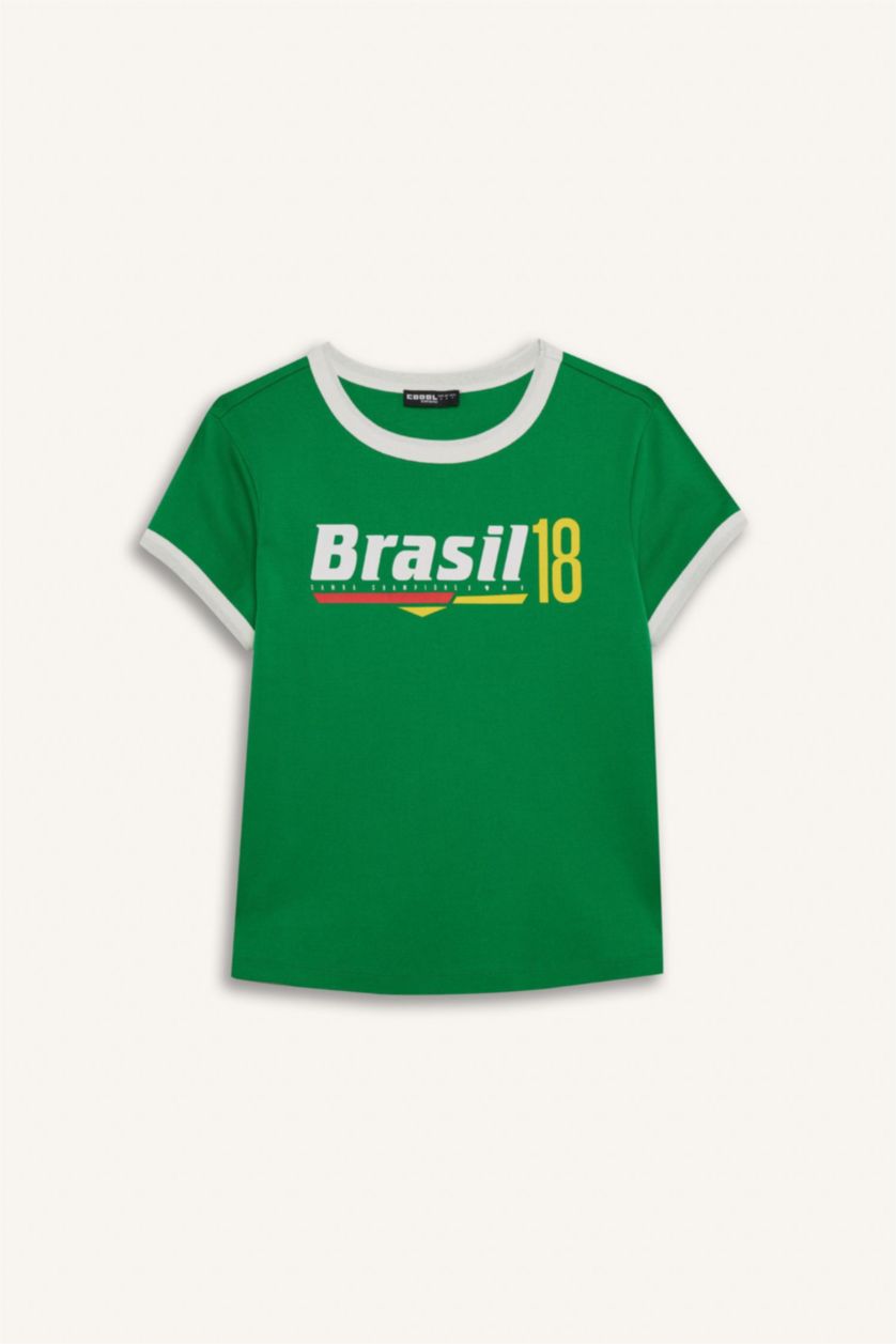 WOMAN Green Regular Fit Slogan Ribana Short Sleeve T-Shirt