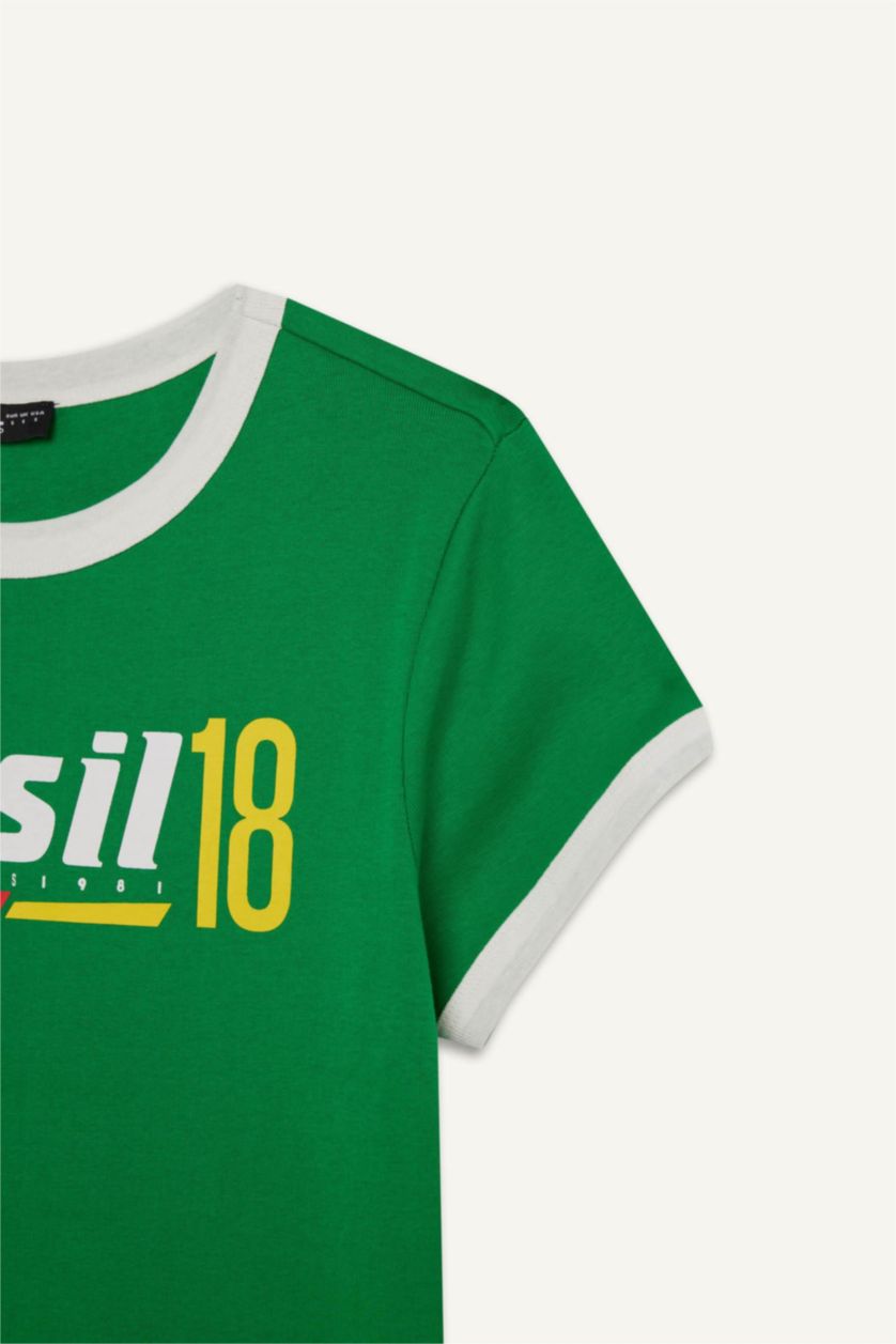 WOMAN Green Regular Fit Slogan Ribana Short Sleeve T-Shirt