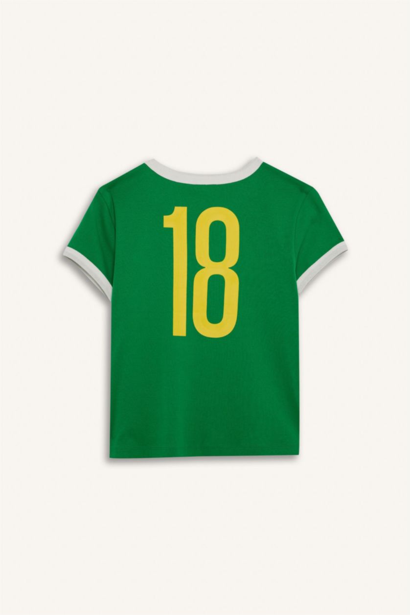 WOMAN Green Regular Fit Slogan Ribana Short Sleeve T-Shirt