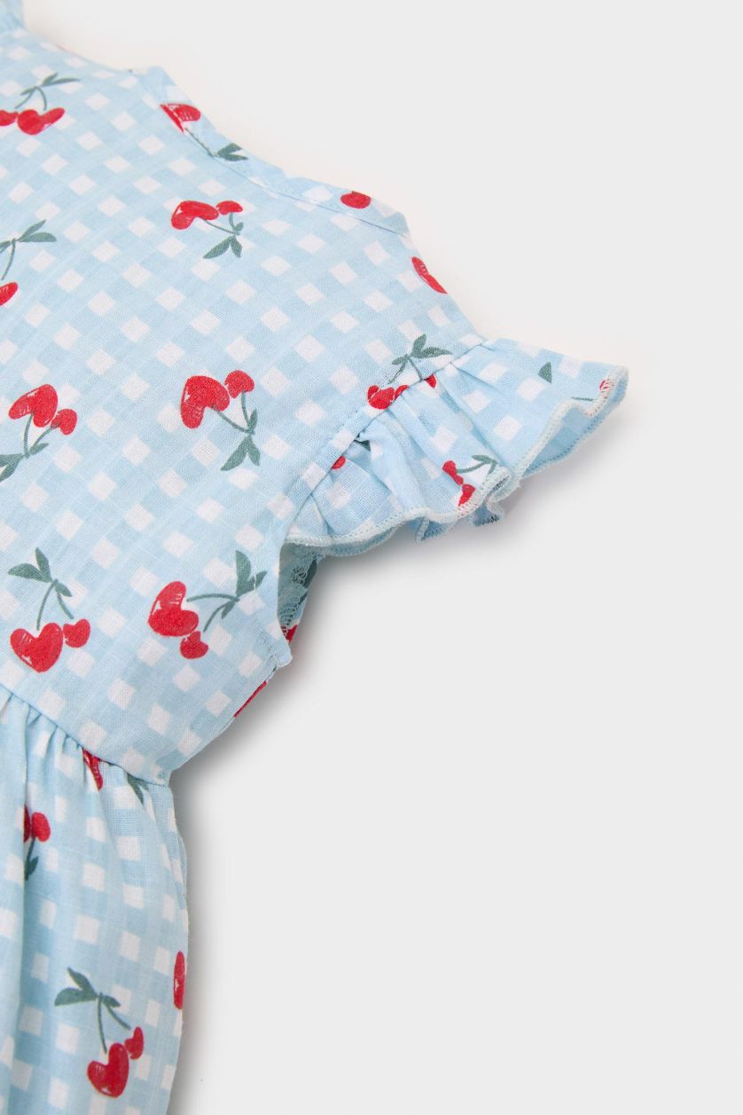 طفلة صغيرة أزرق فاتح فستان بناتي نص كم بياقة مستديرة