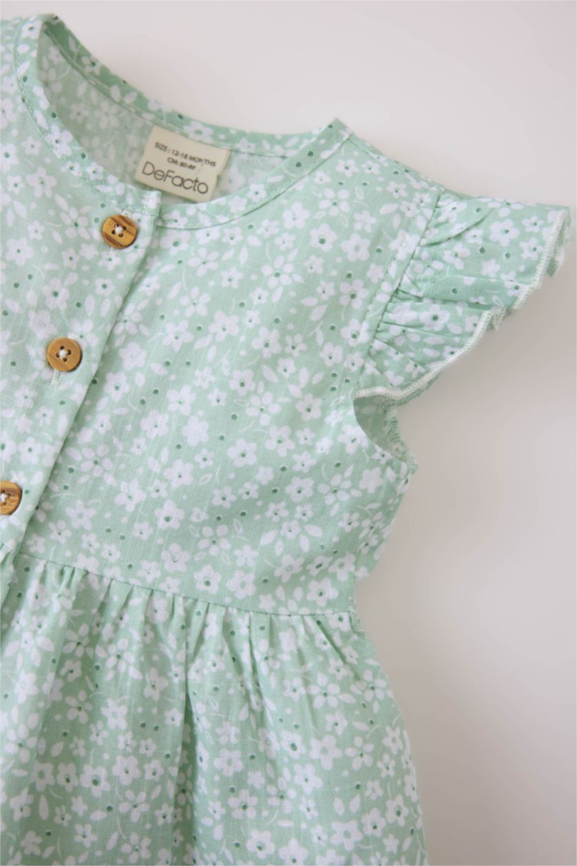 Kız Bebek Mint Desenli Kısa Kollu Flamlı Poplin Yazlık Elbise Kız Bebek