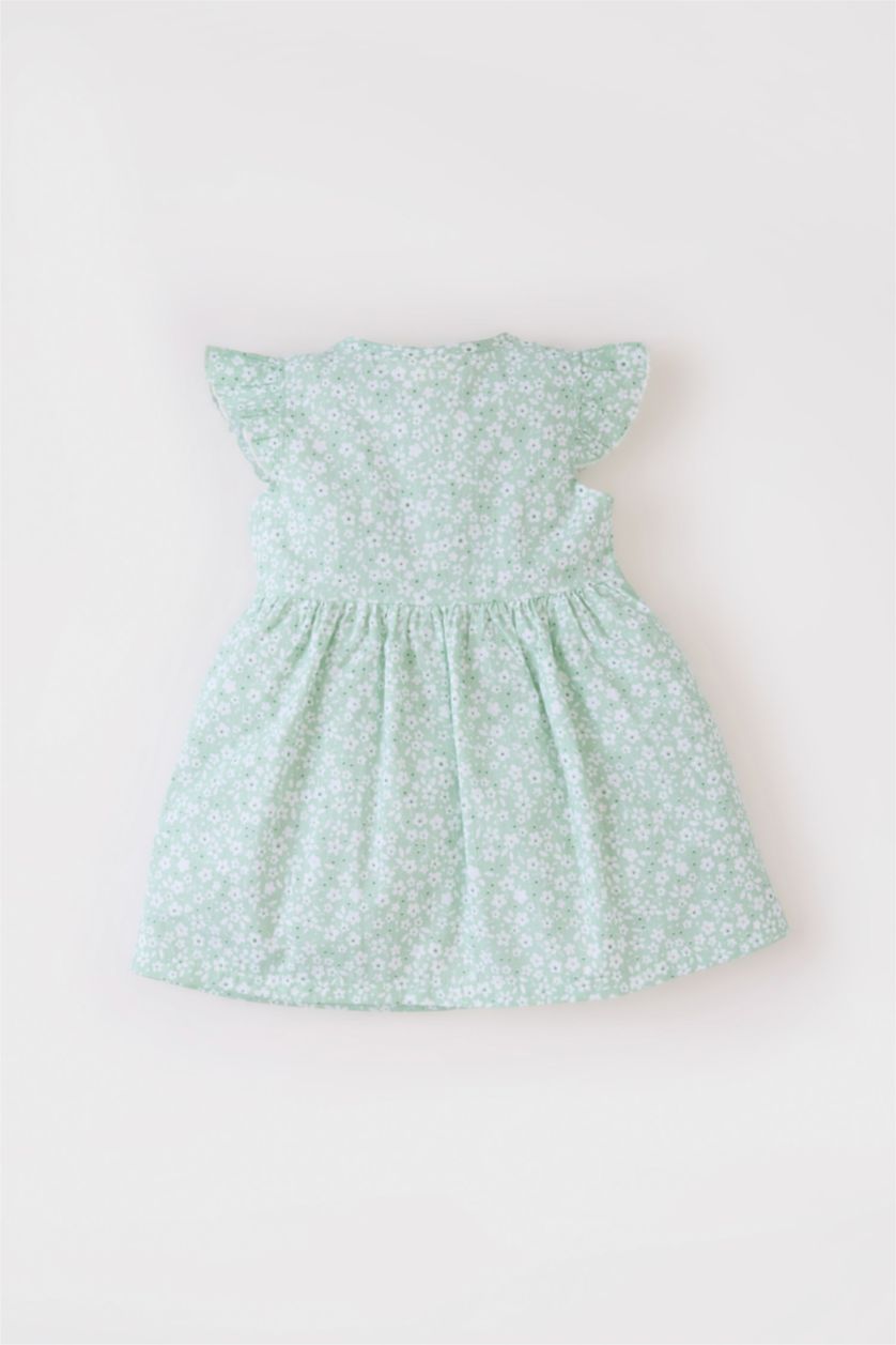 Kız Bebek Mint Desenli Kısa Kollu Flamlı Poplin Yazlık Elbise Kız Bebek