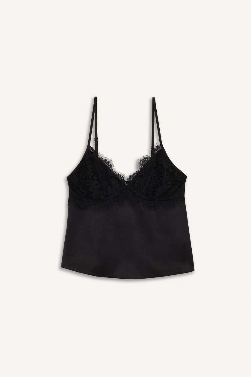 WOMAN Black Sorbe x DeFacto Scoop Neck Lace Satin Blouse