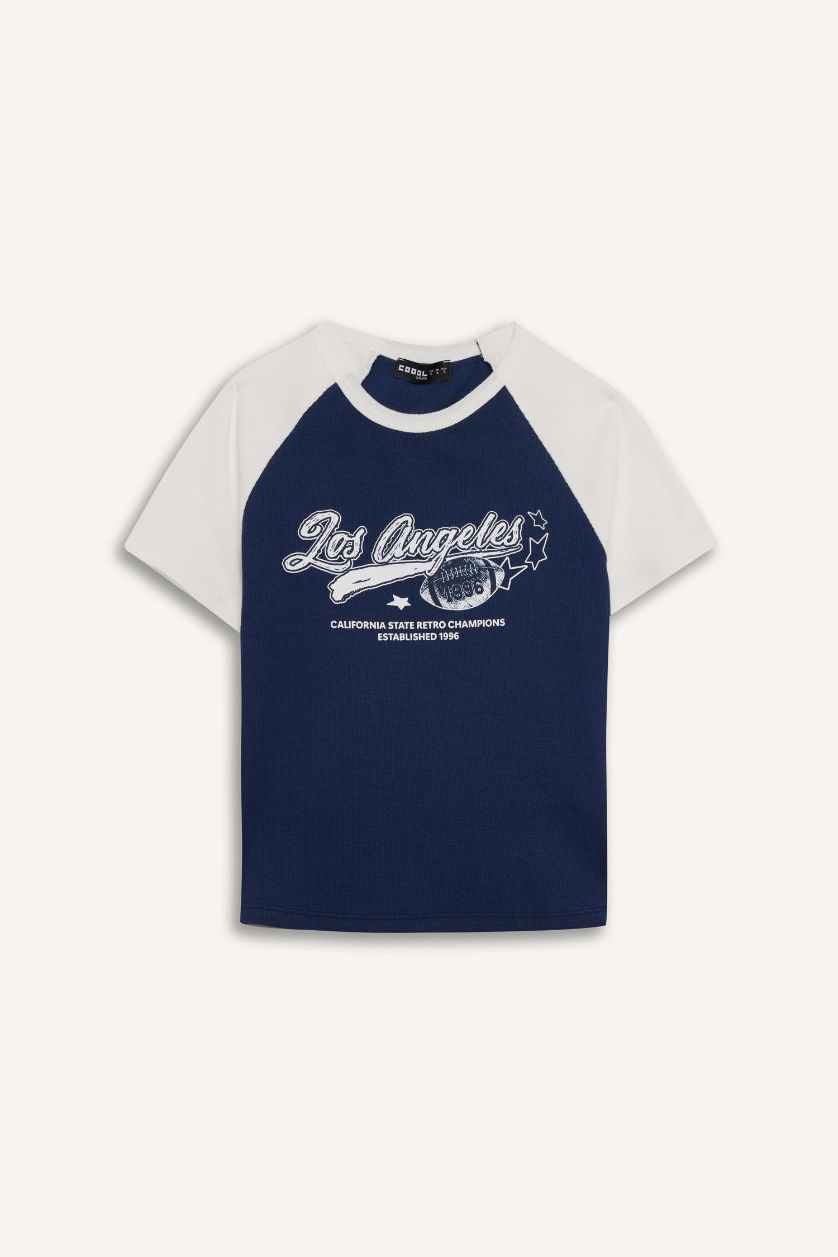 Kadın Lacivert Fitted Bisiklet Yaka Baskılı Fitilli Kaşkorse Kısa Kollu Tişört