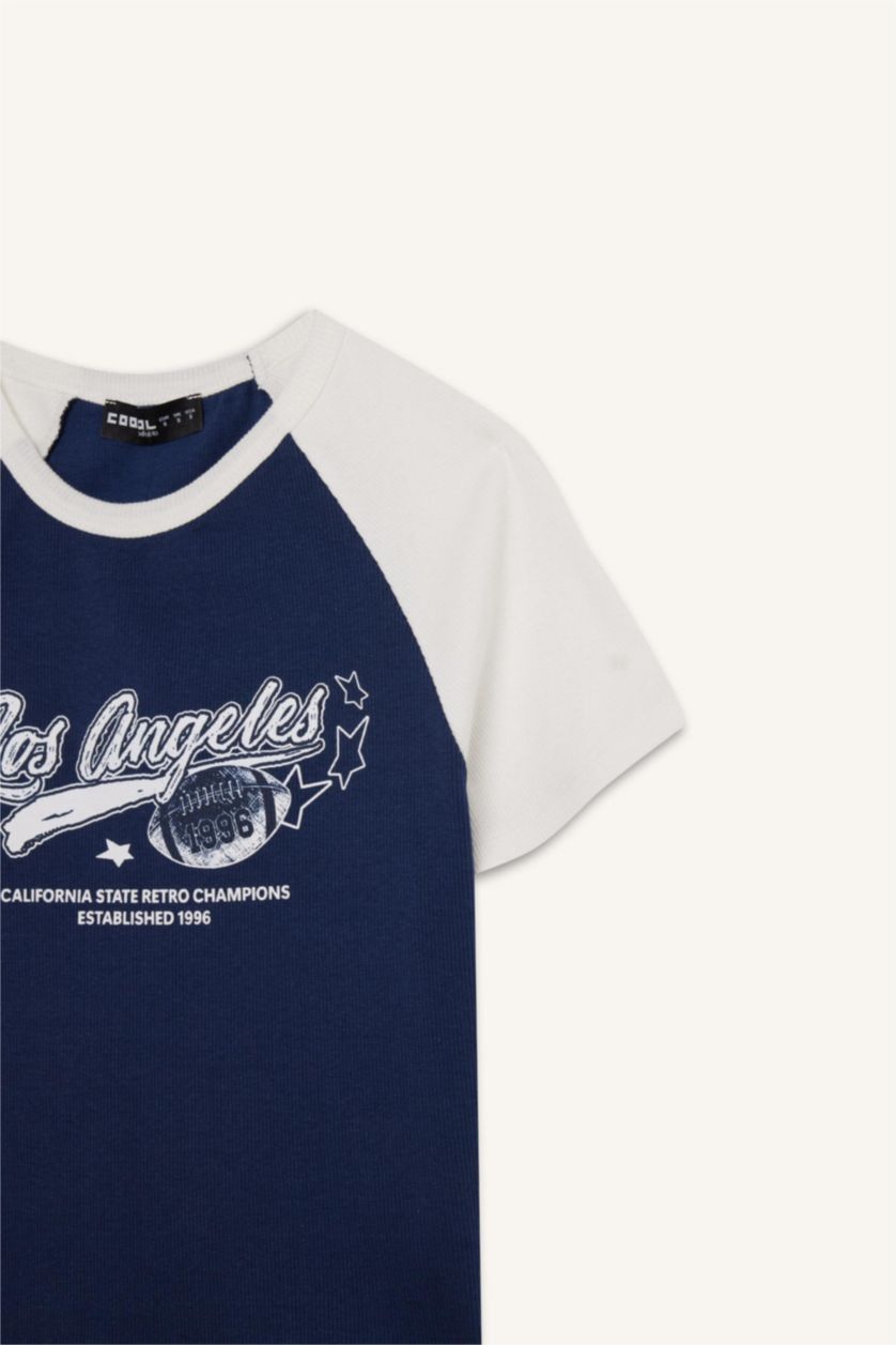 Kadın Lacivert Fitted Bisiklet Yaka Baskılı Fitilli Kaşkorse Kısa Kollu Tişört