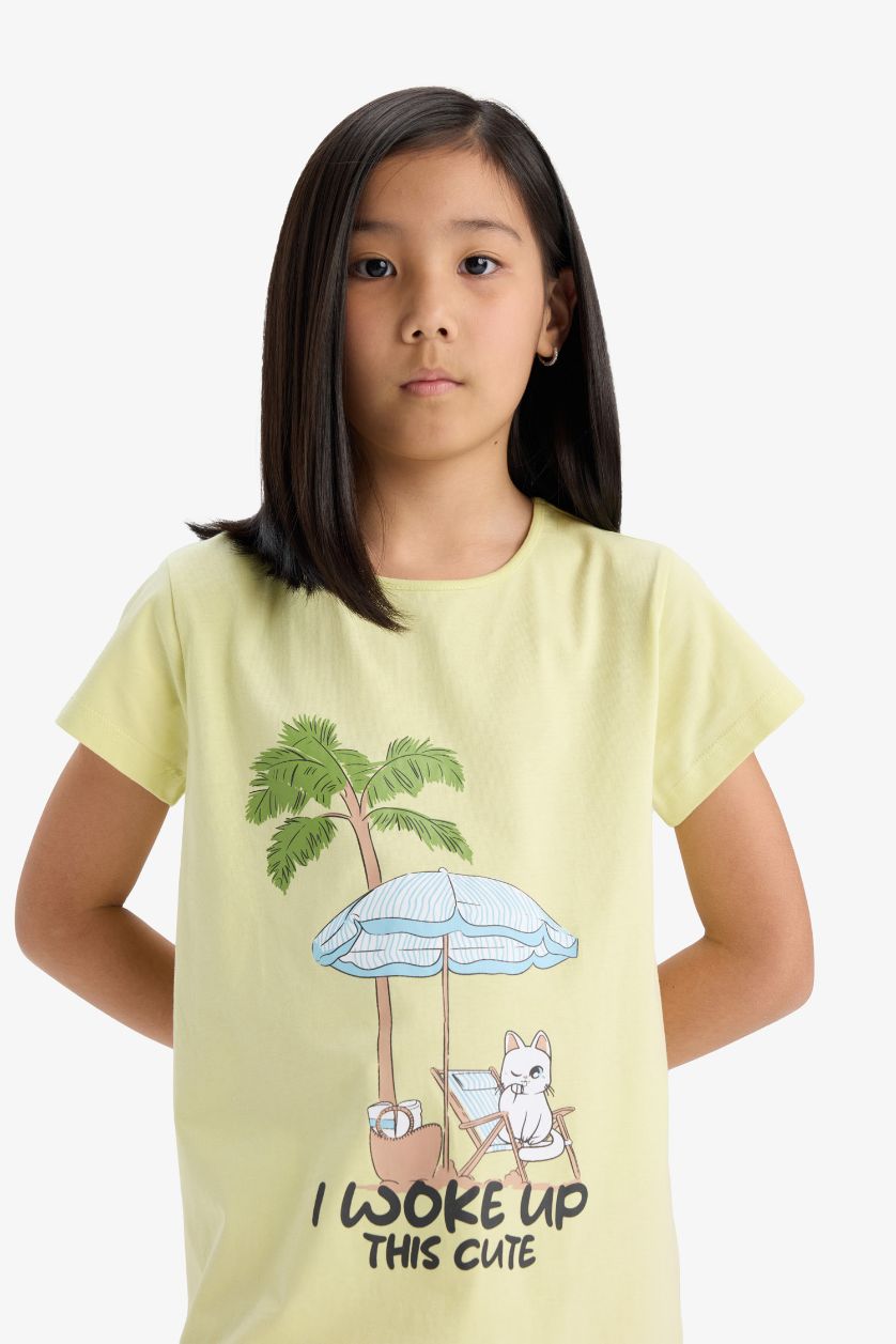 Kız Çocuk - Genç Kız Açık Sarı Baskılı Kısa Kollu Elbise Kız Çocuk