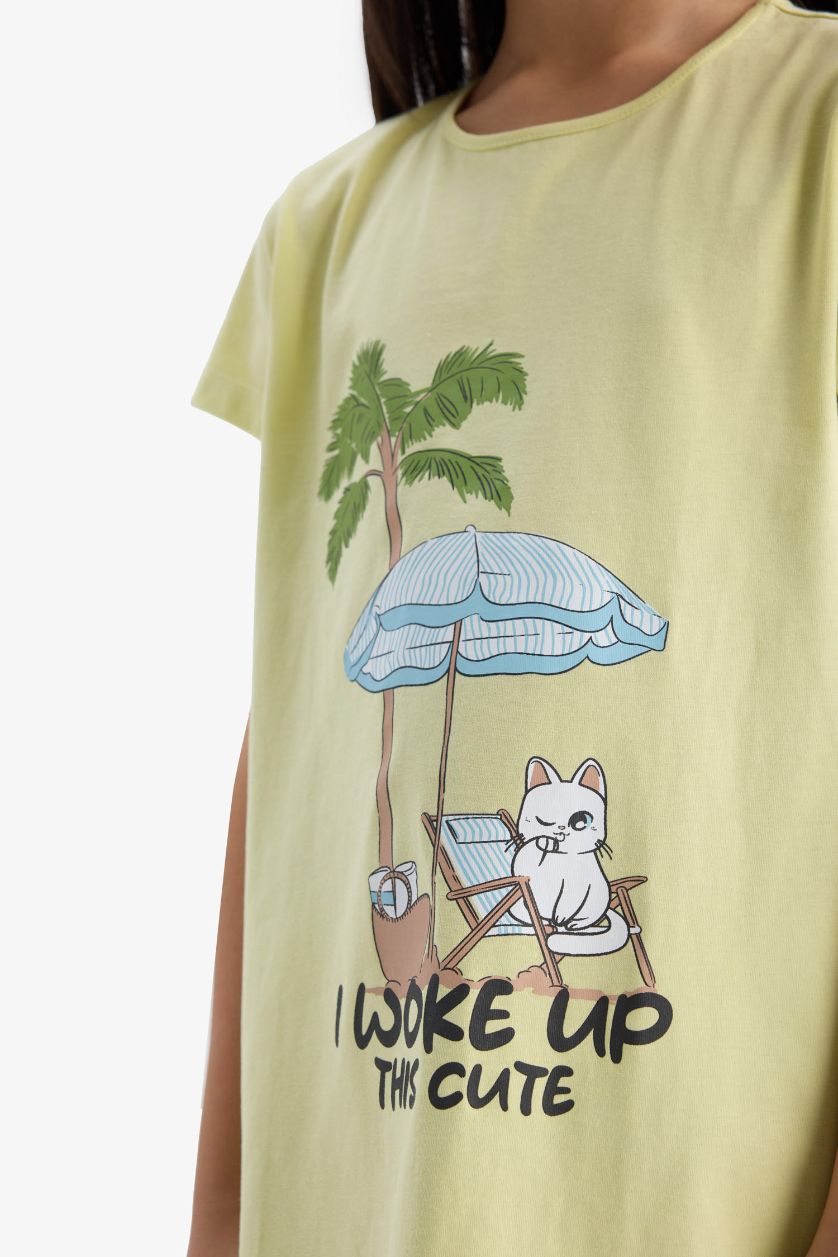 Kız Çocuk - Genç Kız Açık Sarı Baskılı Kısa Kollu Elbise Kız Çocuk