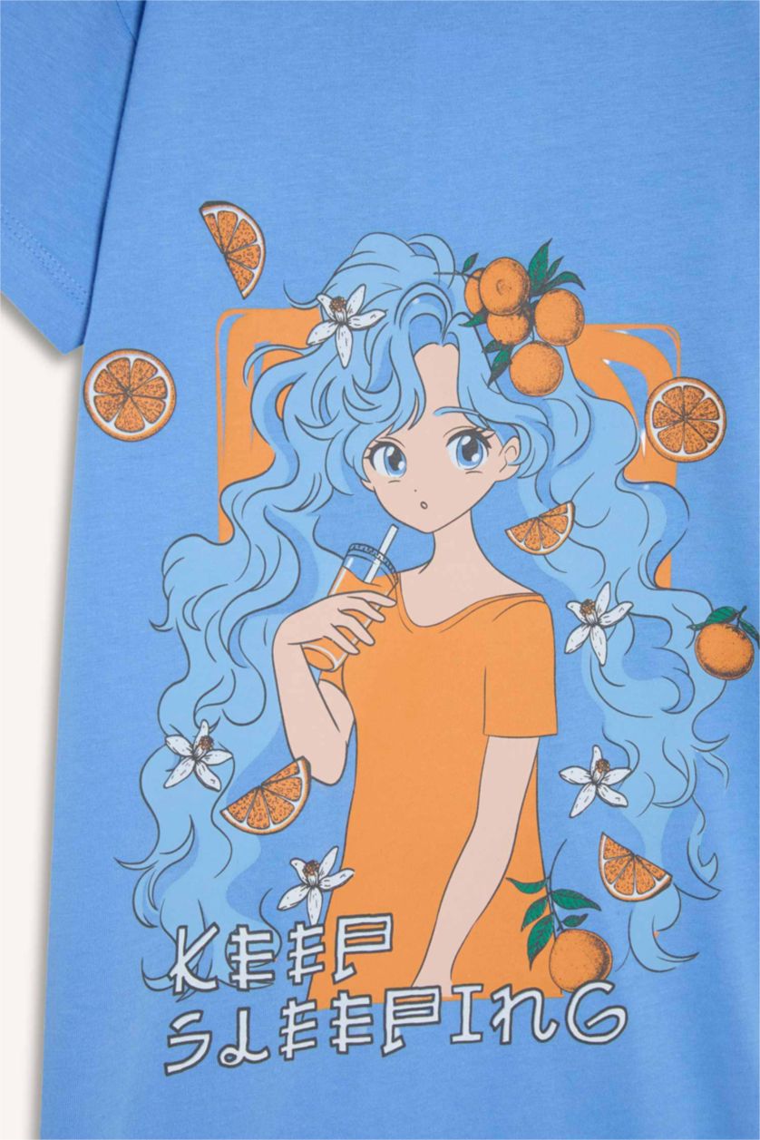 Kız Çocuk - Genç Kız Mavi Baskılı Kısa Kollu Gecelik Kız Çocuk