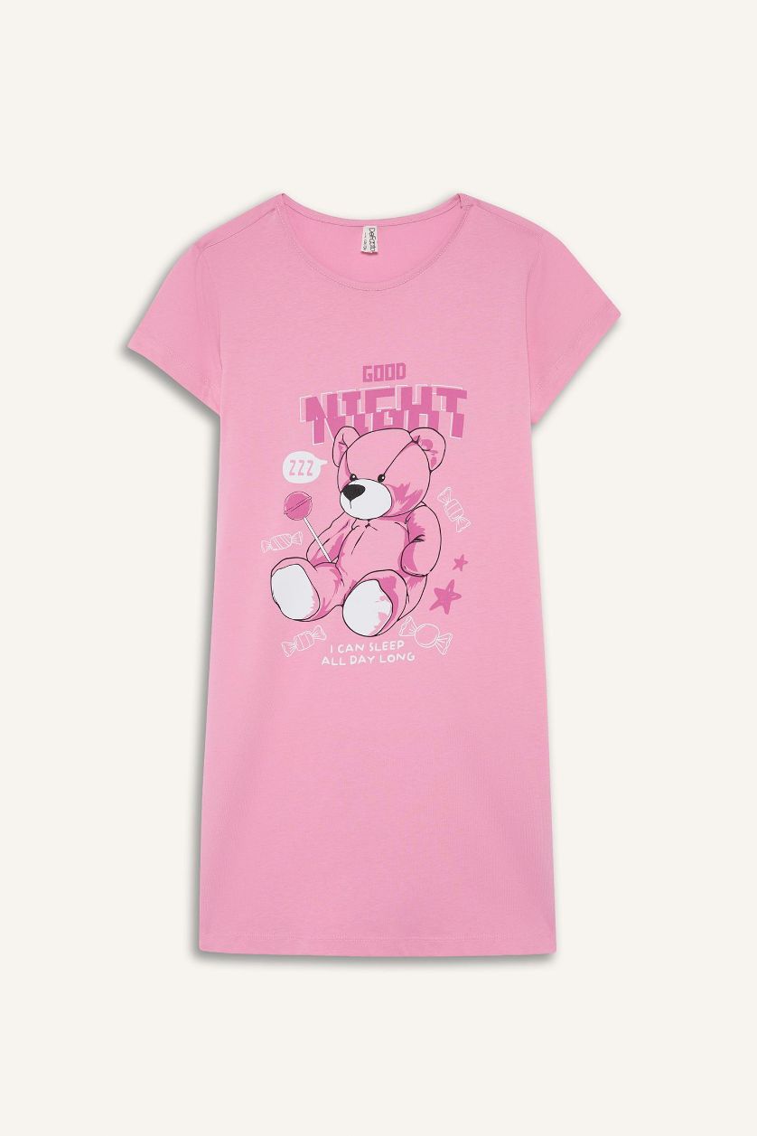 Kız Çocuk - Genç Kız Açık Pembe Baskılı Kısa Kollu Gecelik Kız Çocuk