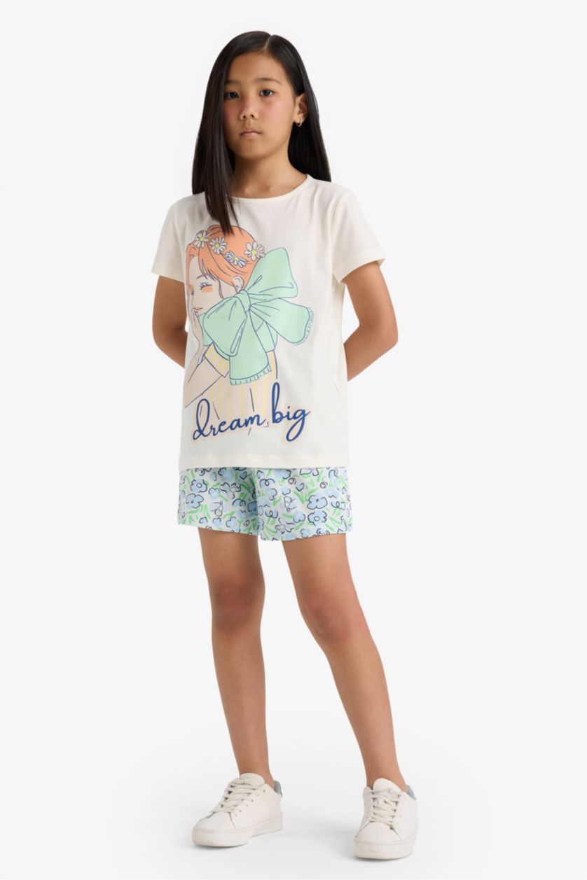 Kız Çocuk - Genç Kız Ekru %100 Pamuklu Baskılı Pijama Takımı Kız Çocuk