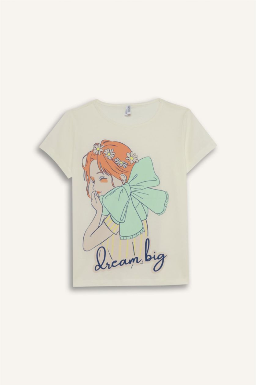 Kız Çocuk - Genç Kız Ekru %100 Pamuklu Baskılı Pijama Takımı Kız Çocuk