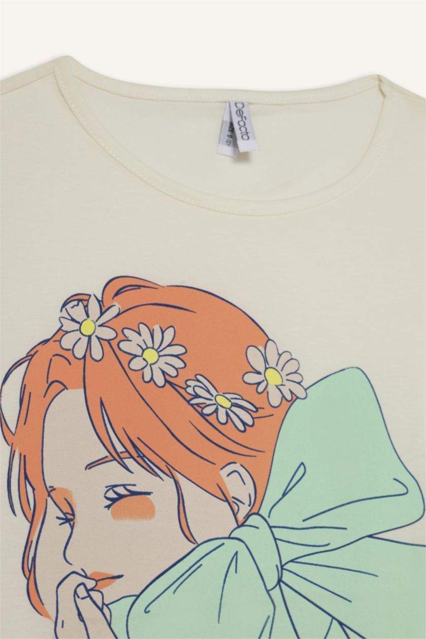 Kız Çocuk - Genç Kız Ekru %100 Pamuklu Baskılı Pijama Takımı Kız Çocuk