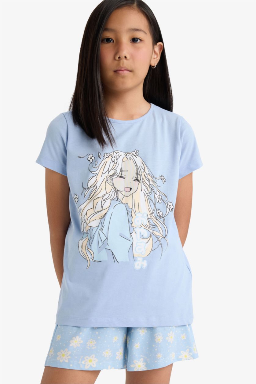Kız Çocuk - Genç Kız Açık Mavi %100 Pamuklu Anime Baskılı Pijama Takımı Kız Çocuk