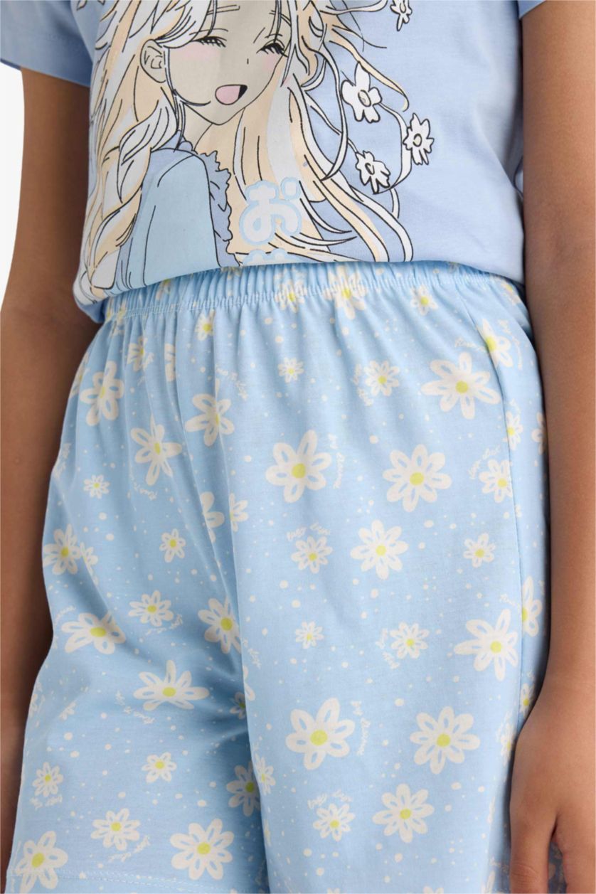 Kız Çocuk - Genç Kız Açık Mavi %100 Pamuklu Anime Baskılı Pijama Takımı Kız Çocuk