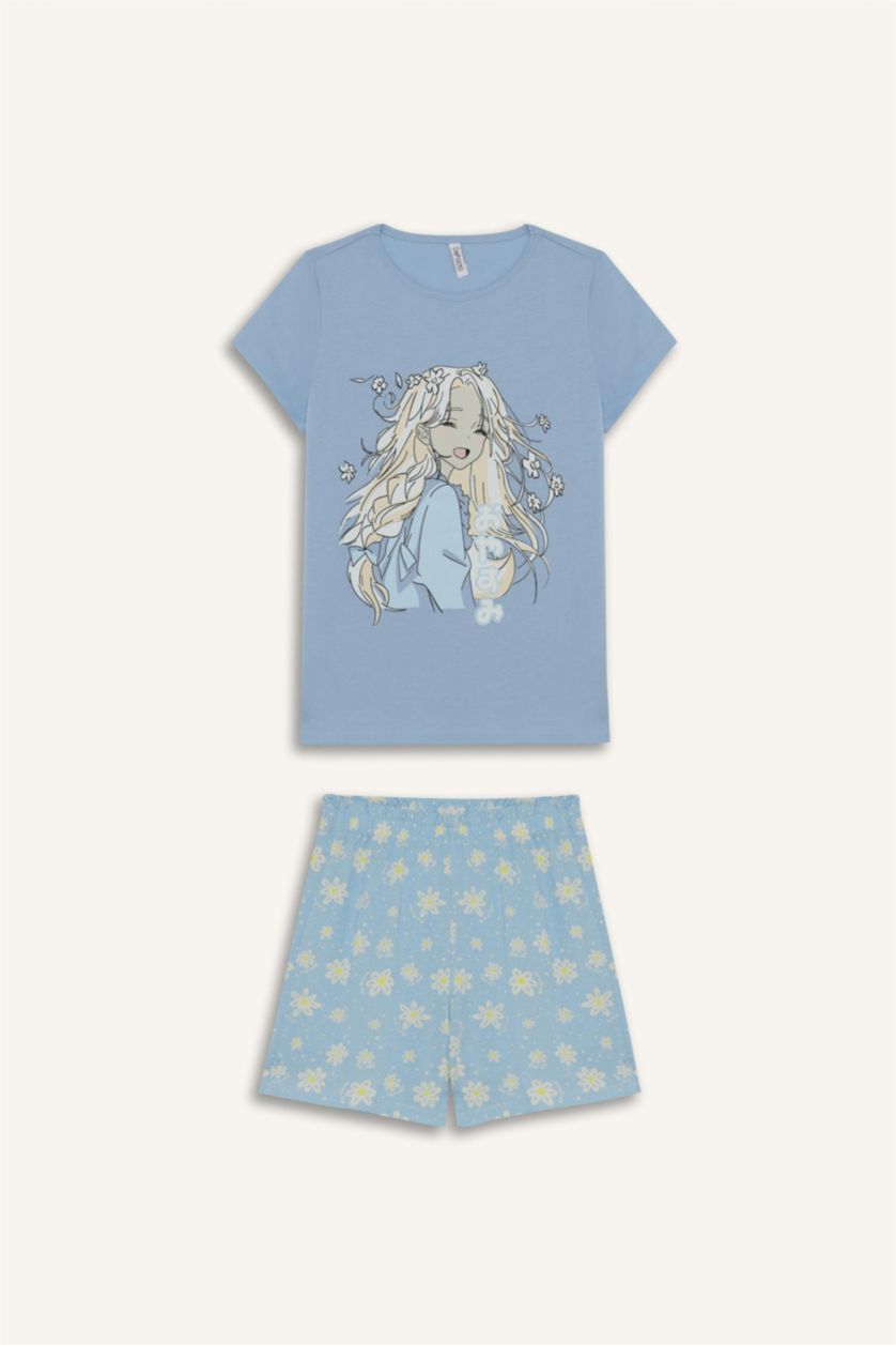 Kız Çocuk - Genç Kız Açık Mavi %100 Pamuklu Anime Baskılı Pijama Takımı Kız Çocuk