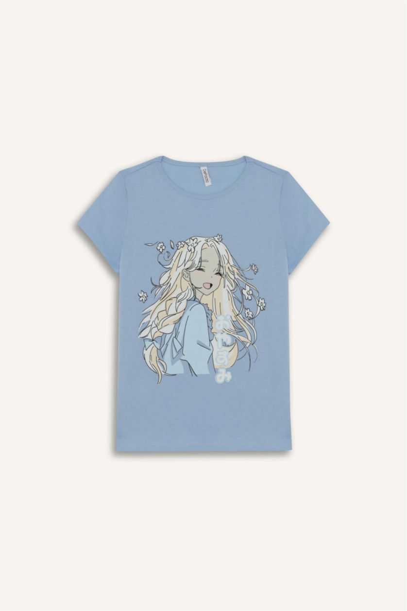 Kız Çocuk - Genç Kız Açık Mavi %100 Pamuklu Anime Baskılı Pijama Takımı Kız Çocuk
