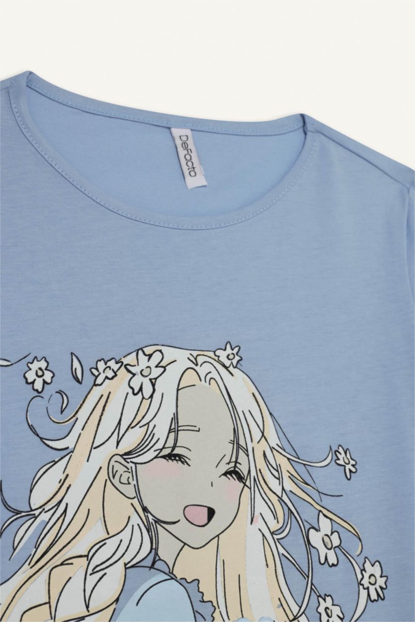 Kız Çocuk - Genç Kız Açık Mavi %100 Pamuklu Anime Baskılı Pijama Takımı Kız Çocuk