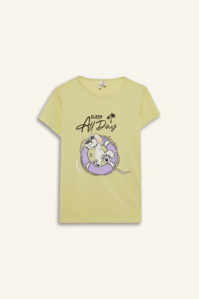 بناتي أصفر فاتح طقم بيجاما بناتي شورت وبلوزة قصة عادية - قطعتين