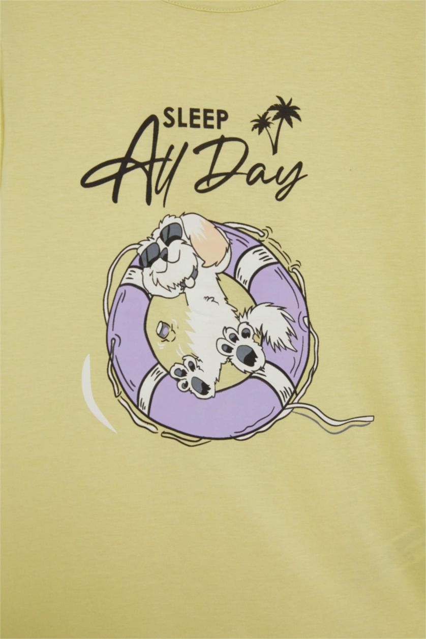 بناتي أصفر فاتح طقم بيجاما بناتي شورت وبلوزة قصة عادية - قطعتين