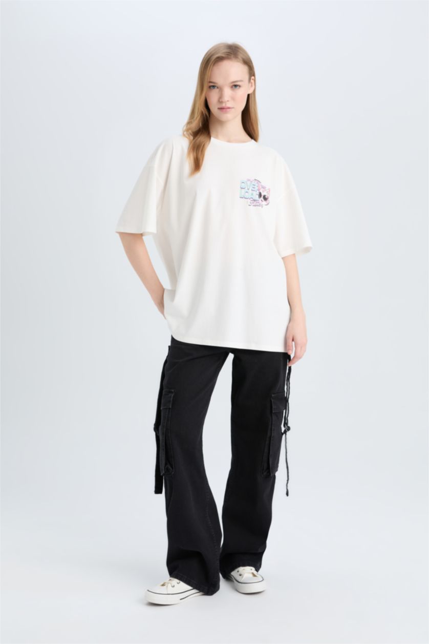 Kadın Kırık Beyaz Coool Oversize Geniş Kalıp Bisiklet Yaka Sırt Baskılı Kısa Kollu Tişört